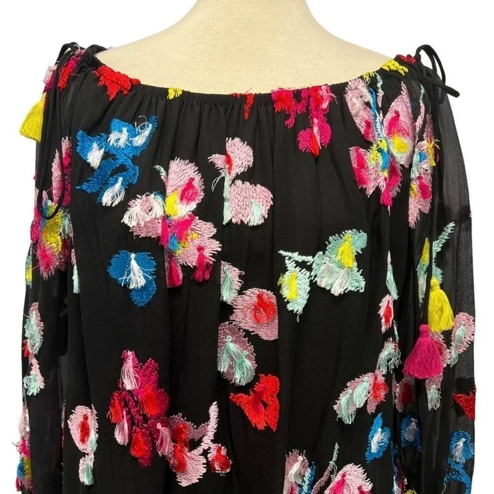 Tanya Taylor Georgette Tessa Black Silk Floral Embroidered Tassel Accent Top 8 - Picture 7 of 14